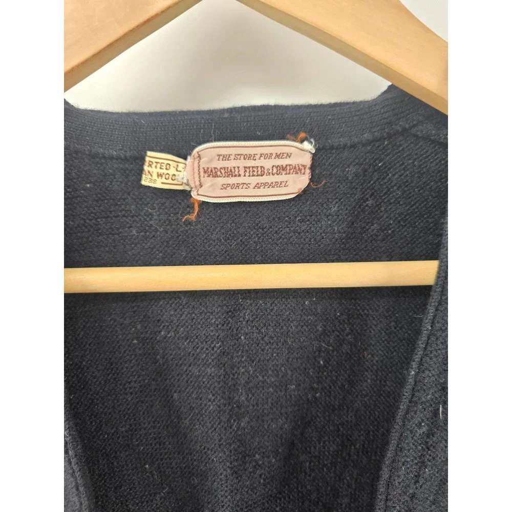 Marshall Field & Co Sweater Vest Mens L Black Vintage Australian Wool V-Neck *